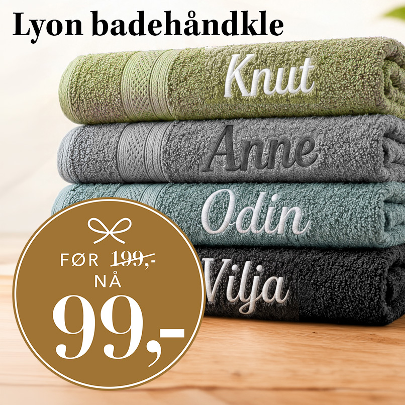 Lyon badehåndkle med brodert navn, nå 99 kr