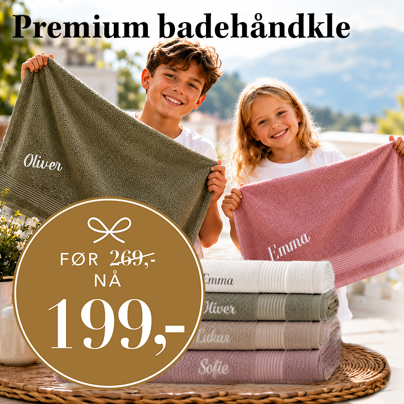 Premium badehåndkle med brodert navn, nå 199 kr