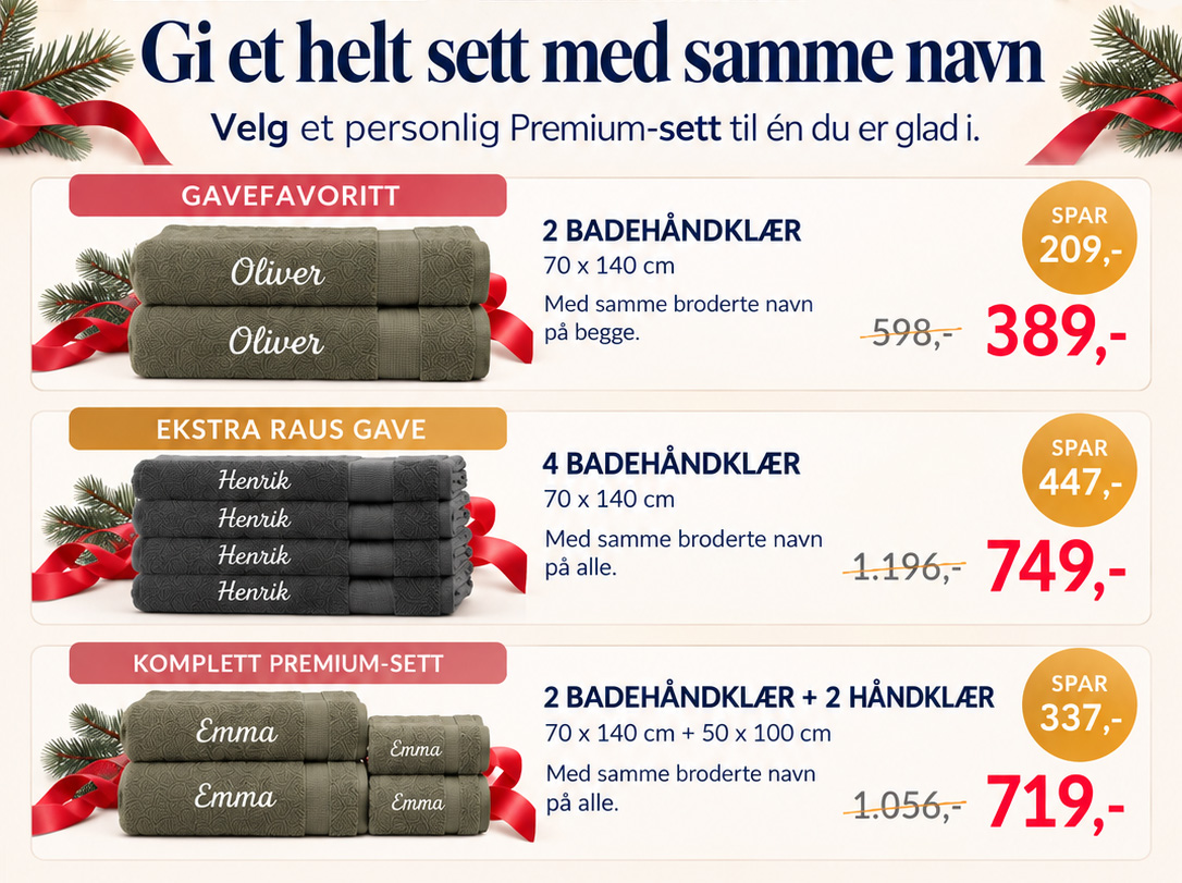 Premium-håndklær og gavesett med brodert navn