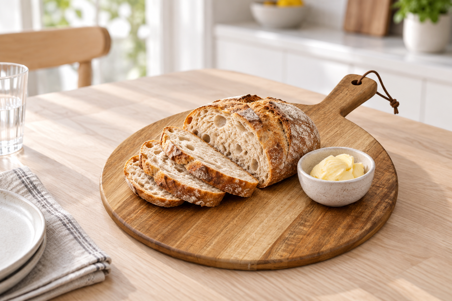 Serveringsbrett i akasietre med brød og smør