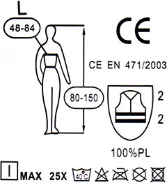 Refleksvest Mål og vaskeanvisning