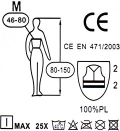 Refleksvest Mål og vaskeanvisning